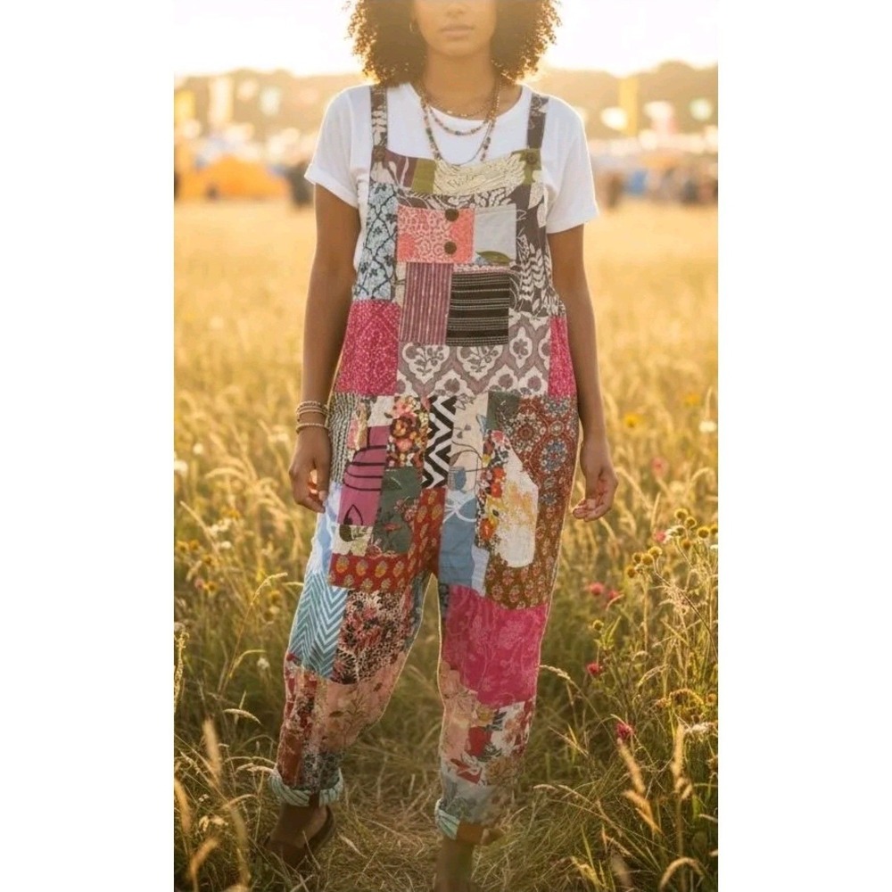 Ashley Taylor Patchwork Overalls Womens One Size Multi Color Recycled Cotton